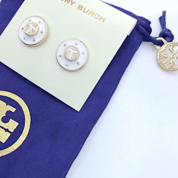 NWOT Tory Burch Gold, White Enamel Round Stud Earrings - Picture 3 of 4